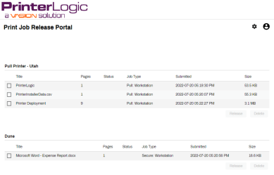 Release Portal showing three pull print jobs and one secure print job held, and the Release and Delete buttons under each queue. 